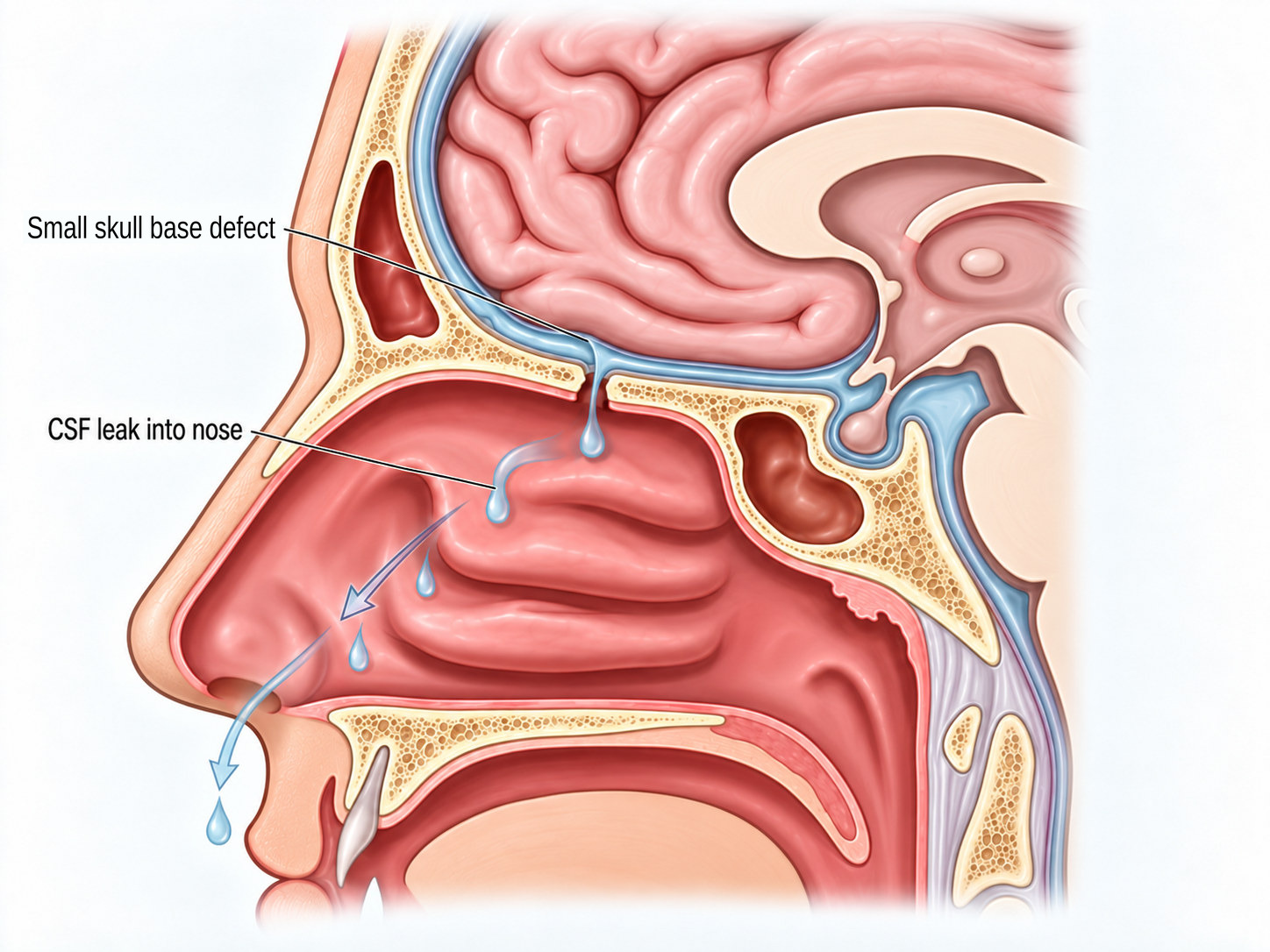Cross-section diagram showing a small defect in the skull base and cerebrospinal fluid leaking into the nose: a small opening in the bone beneath the brain allows fluid to drip into the nasal cavity.