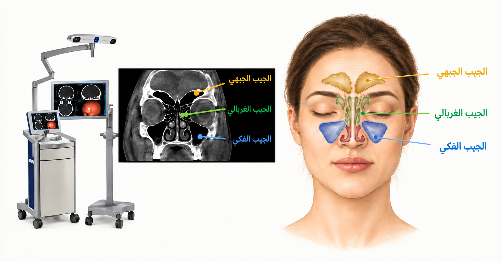 معدات الملاحة الجراحية الموجهة بالأشعة إلى جانب صورة أشعة مقطعية إكليلية ورسم توضيحي تشريحي، وكلاهما يوضح الجيب الجبهي باللون الذهبي، والجيب الغربالي باللون الأخضر، والجيب الفكي باللون الأزرق.
