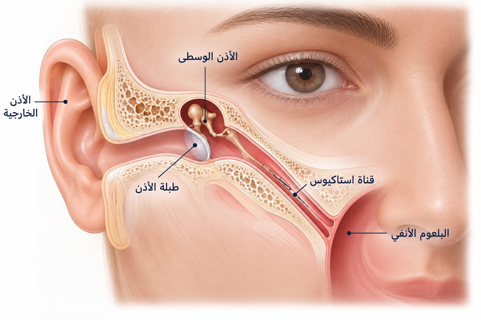 رسم توضيحي للأذن يُظهر الأذن الخارجية وطبلة الأذن والأذن الوسطى وقناة استاكيوس الممتدة من الأذن الوسطى إلى البلعوم الأنفي في الجزء الخلفي من الأنف.