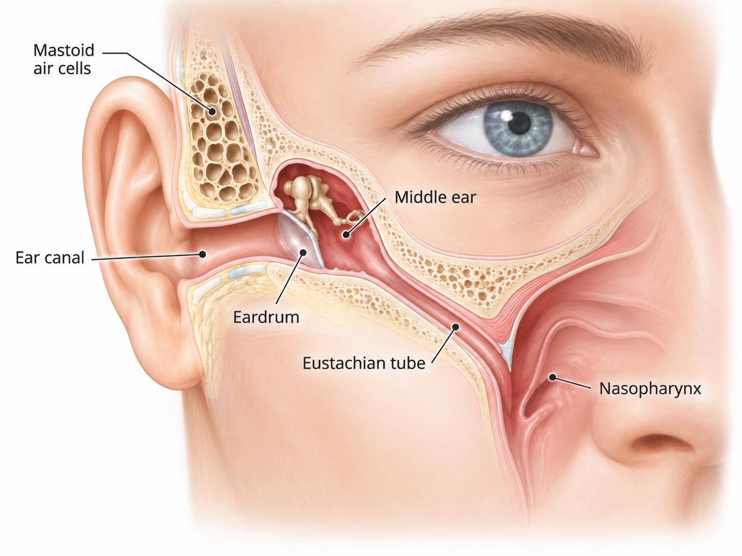 Illustration of the ear showing the ear canal, eardrum, middle ear, mastoid air cells, and the eustachian tube running from the middle ear to the nasopharynx at the back of the nose.