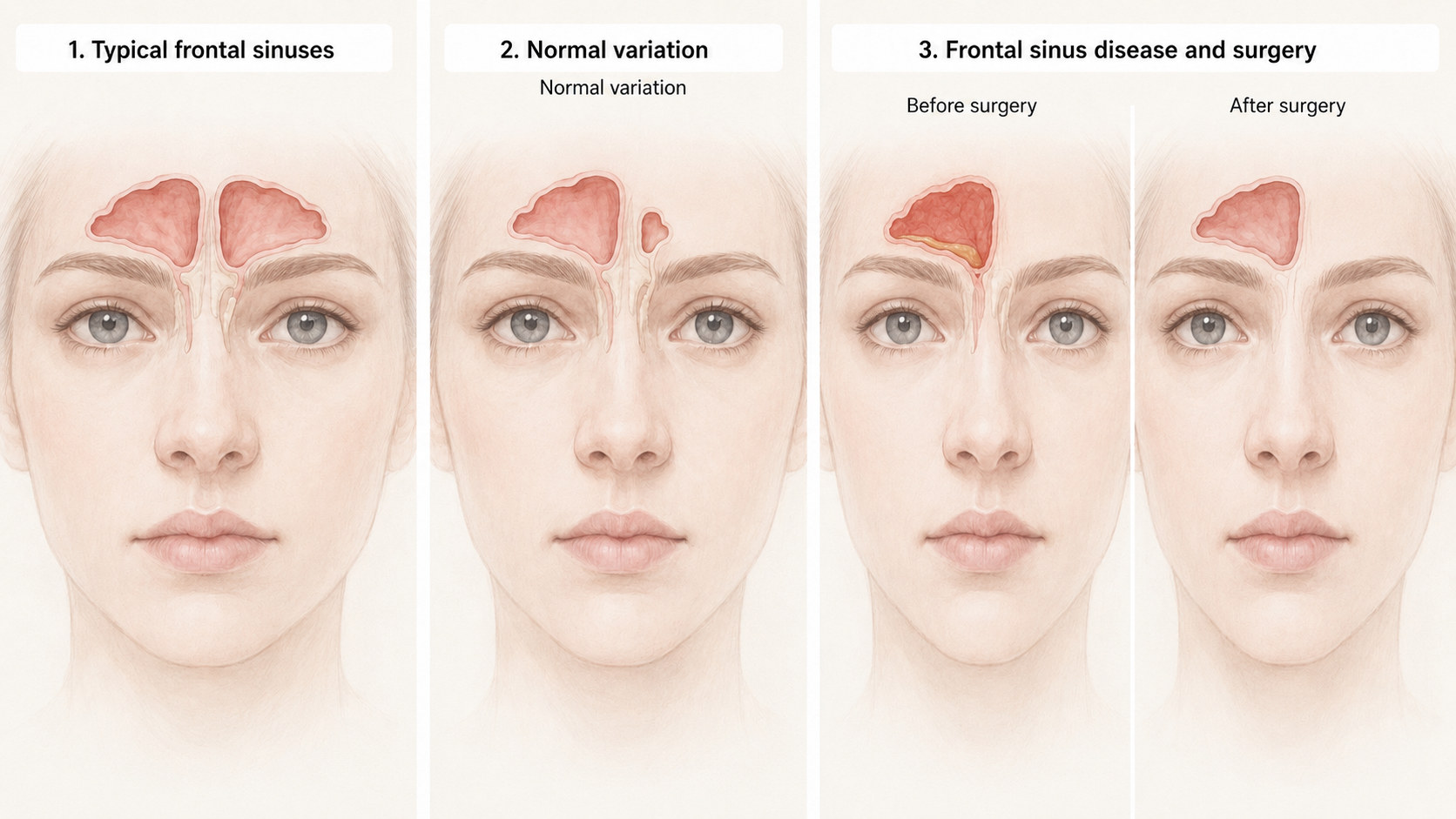 Three-panel illustration showing typical frontal sinuses, a normal variation with one frontal sinus much smaller or absent, and a blocked frontal sinus before surgery beside a wider, clear opening after surgery.