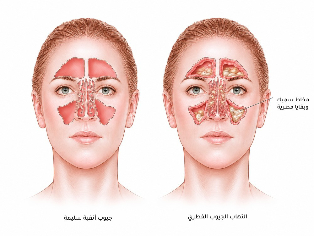 رسم يقارن بين الجيوب الأنفية السليمة والتهاب الجيوب الأنفية الفطري التحسسي، مع تراكم المخاط السميك المحتوي على الفطريات داخل الجيوب المصابة.
