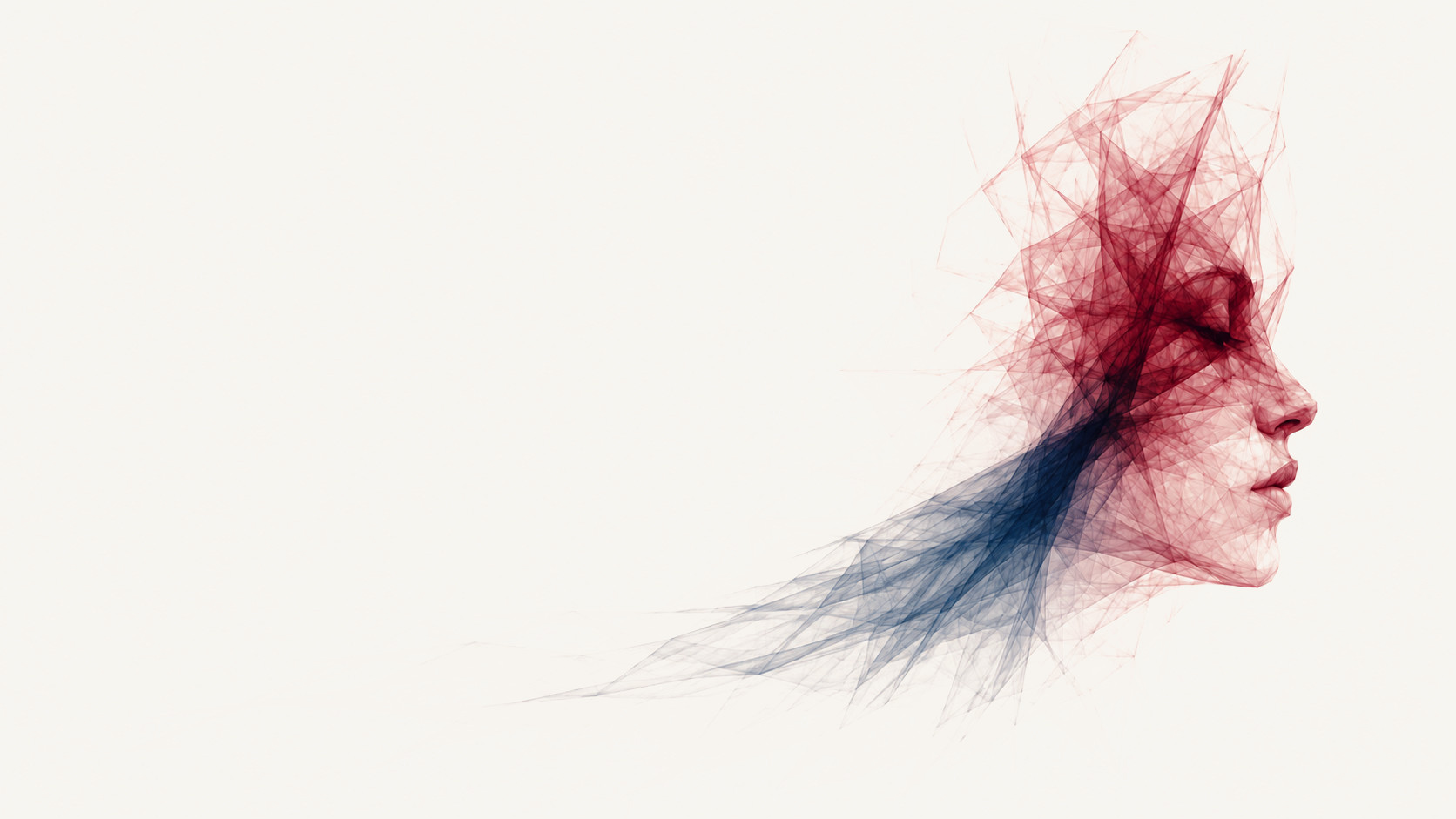 Abstract illustration of a face in profile, formed from translucent burgundy and navy lines