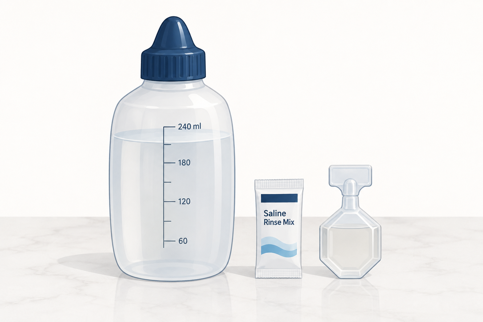 Nasal irrigation supplies including a rinse bottle, salt packet, and budesonide ampule