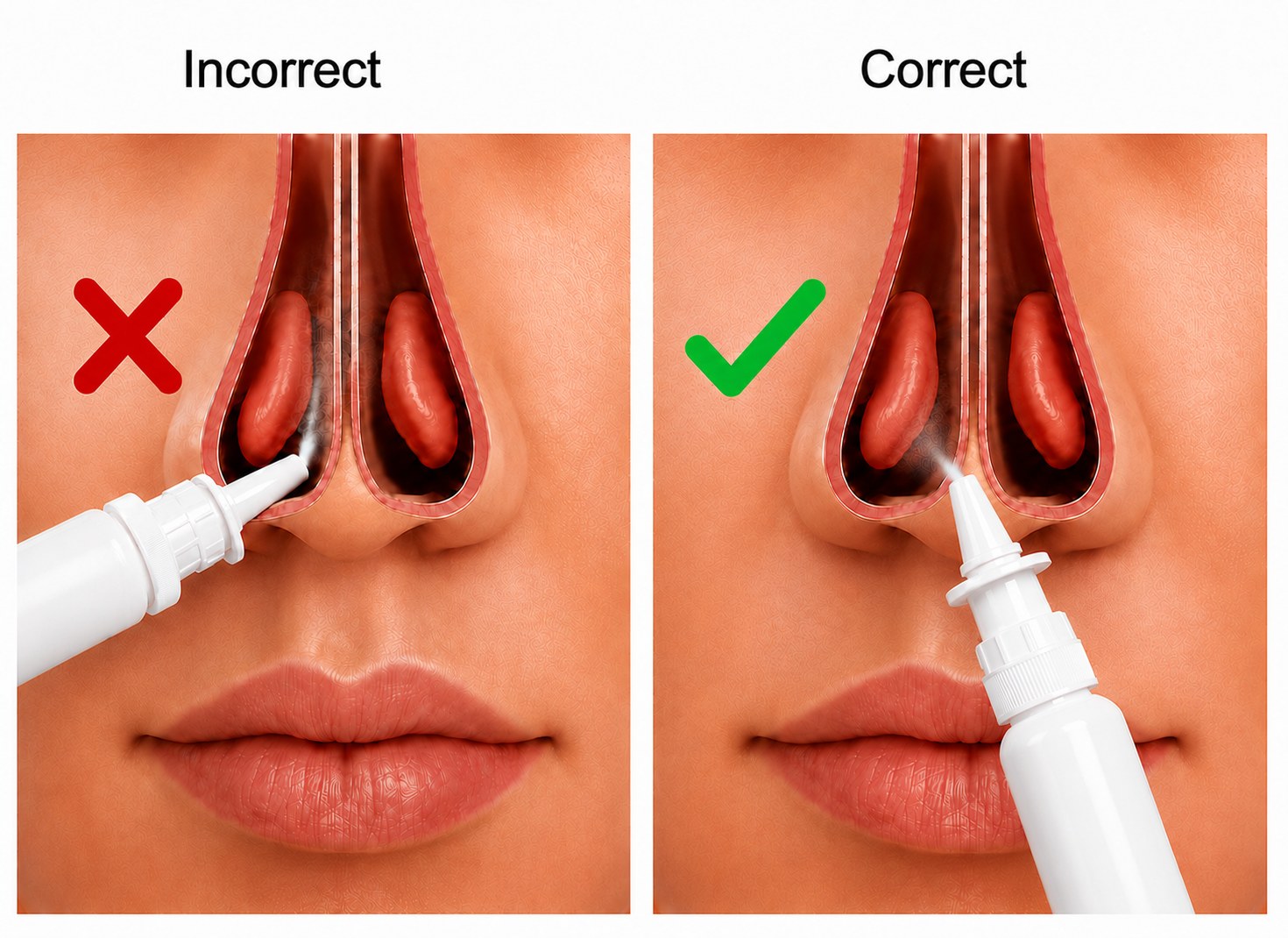 Diagram comparing incorrect nasal spray technique, aimed toward the nasal septum, with correct technique, aimed outward toward the ear.