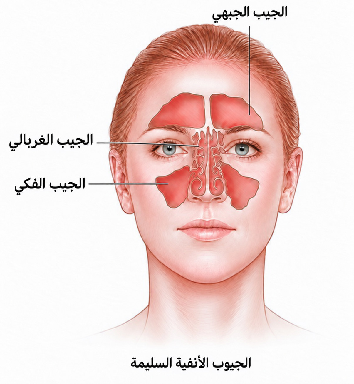 رسم بإشارات عربية لتشريح الجيوب الأنفية الطبيعي من الأمام، موضحًا الجيب الجبهي والجيب الغربالي والجيب الفكي.