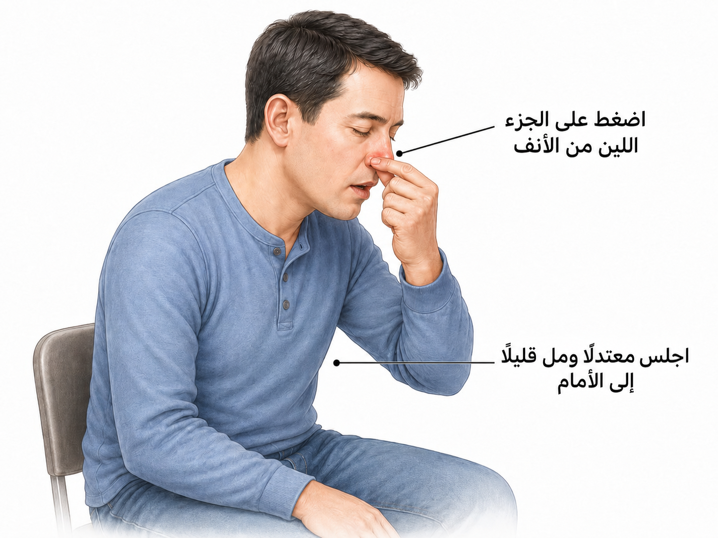 رسم يوضح كيفية إيقاف الرعاف: الجلوس منتصبًا مع الانحناء قليلًا للأمام، والضغط على الجزء اللين من الأنف.