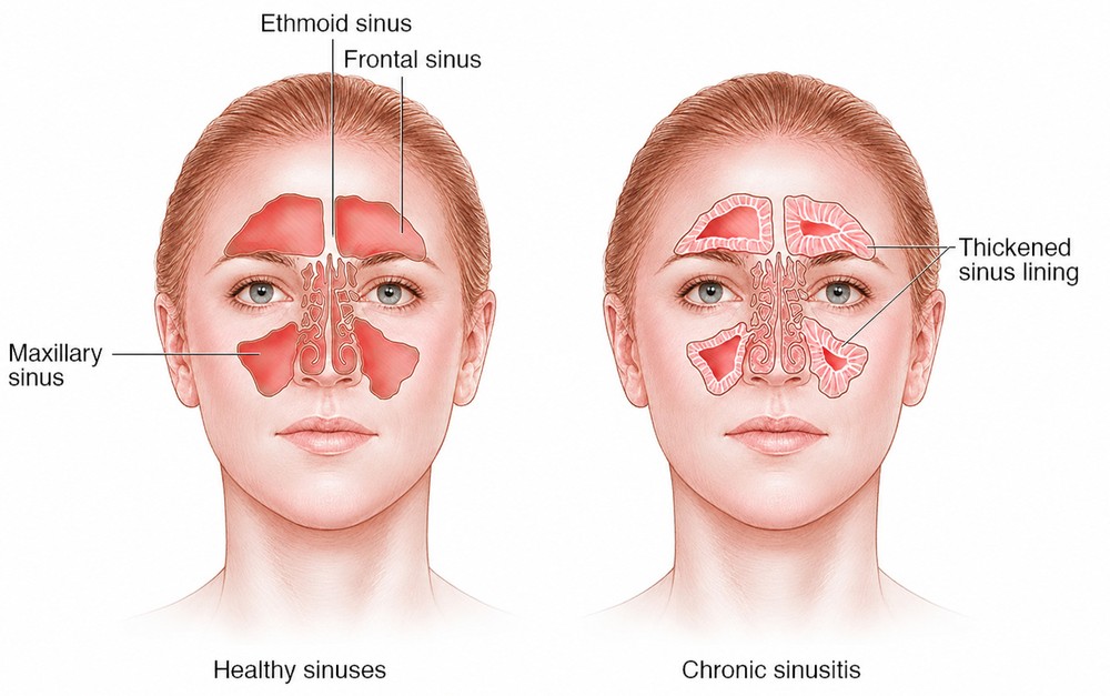 Diagram comparing healthy sinuses to chronic sinusitis, showing the frontal, ethmoid, and maxillary sinuses, with thickened sinus lining visible in the chronic sinusitis illustration.