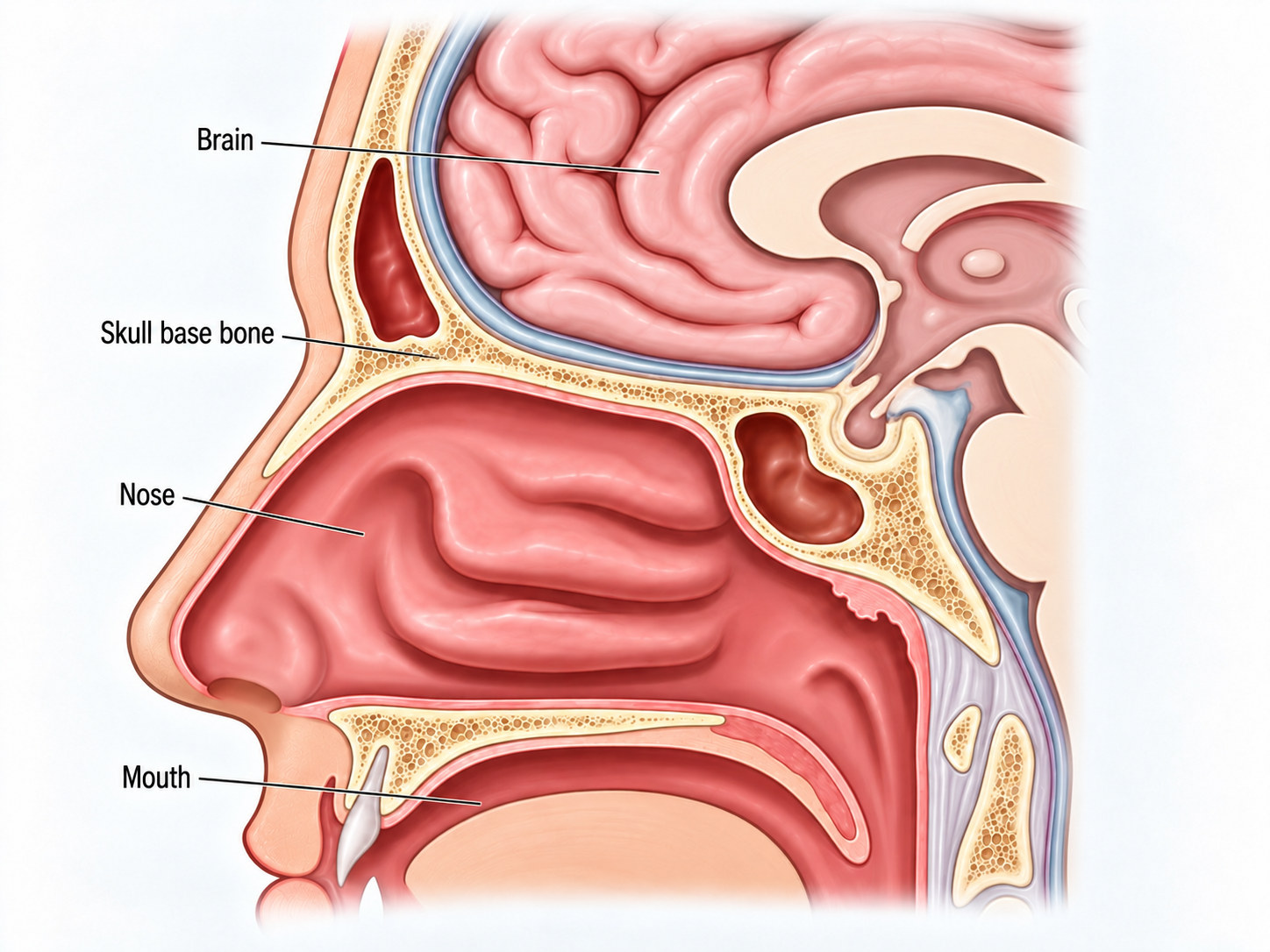 Cross-section illustration labelled Brain, Skull base bone, Nose and Mouth, showing the skull base bone separating the brain above from the nasal cavity below.